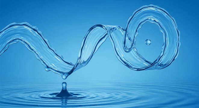 Dynamic blue liquid splash forming a curved ribbon wave and spiral loop above a rippled water surface with floating droplets, isolated on a gradient blue background.