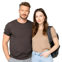 Fototapeta premium Smiling young couple poses for a portrait against a clean white background; the female carries a backpack and both wear casual attire.