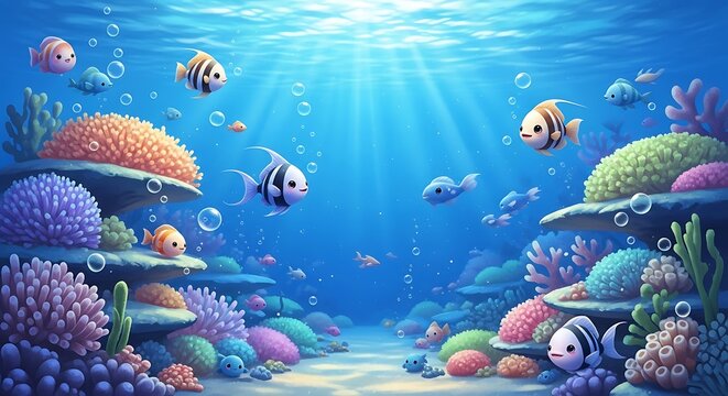 Cute cartoon fish swimming in a colorful coral reef under the blue ocean water with bubbles and light. kawie  