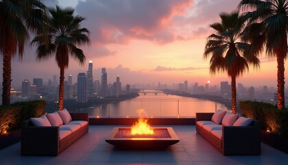 Obraz premium Rooftop terrace with fire pit and sofas overlooks city skyline at sunset. Palm trees frame view of river and skyscrapers. Evening relaxation in urban oasis.