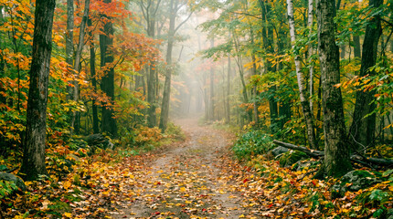 Fototapeta premium Nature All Year Round. September Forest Path Winding Through Vibrant Autumn Colors and Soft Morning Mist Inviting Peaceful Exploration and Quiet Reflection