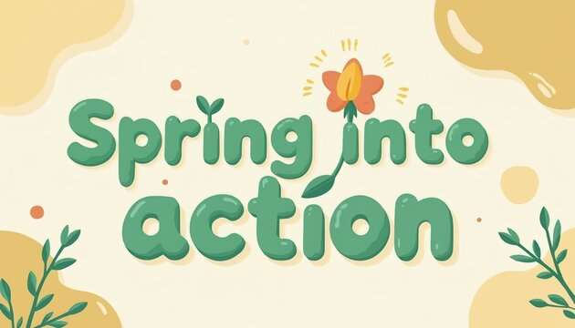 Spring into action text message with green leaves and flower graphic. Motivational phrase for starting new goals and achieving success. Theme of new beginnings and fresh energy.