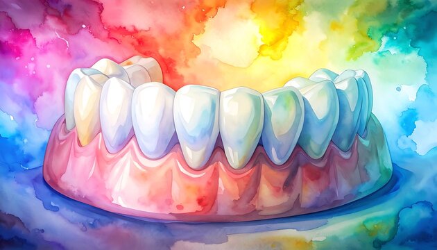 A full set of bright white dentures resting on a vibrant, colorful watercolor background, symbolizing dental health and a cheerful smile