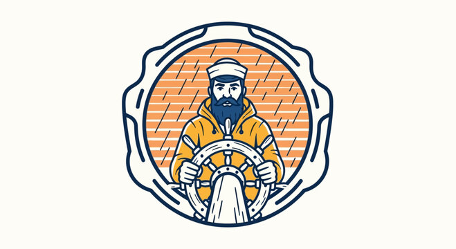 Bearded Captain Steering Ship Wheel in Stormy Weather Vector