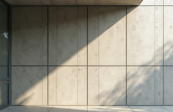 Modern concrete wall panels with geometric grid pattern and shadow play. Sunlight casts leaf shadows on textured beige surface. Clean building exterior detail.