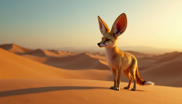 Fennec fox stands on sand dune at sunset. Its large ears receive distant signals. Concept illustrates extreme digital connectivity in remote areas. Animal life in arid desert.