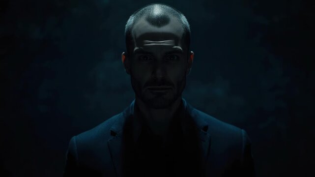 Man portrait dark moody low key dramatic lighting mysterious intense gaze textured backdrop suit