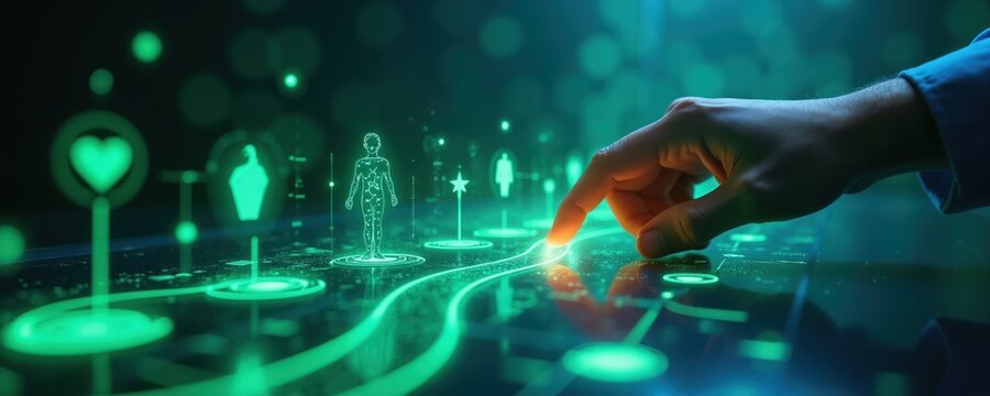 Hand touches glowing digital screen showing medical pathway with human icon and health symbols. Technology guides care process, treatment planning, and wellness journey.