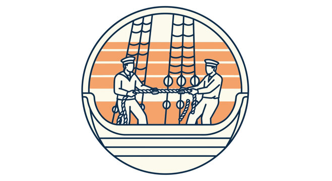 Sailors pulling ropes on a vintage sailing ship deck