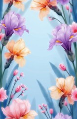 Naklejka premium Soft focus artistic floral pattern features irises and daisies in pastel pink peach and lavender hues against a pale blue backdrop. Gentle bloom arrangement evokes spring garden beauty.