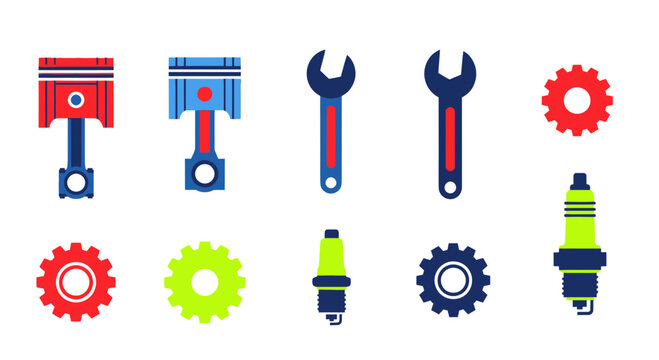 Automotive Mechanics Tools and Parts Icons - Piston, Wrench, Gear, Spark Plug