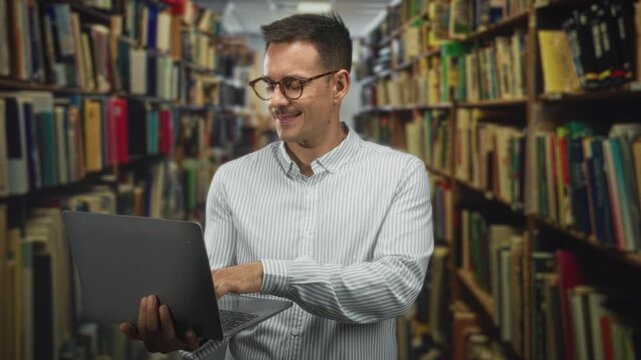 Man holding laptop and typing with fingers in a library building aisle; study research concentration.
