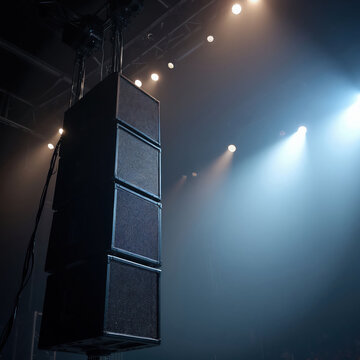 Pro sound speakers hang from ceiling rigging, stage lights shine through haze. Audio equipment setup for concert or music event. Prepare for live performance sound.