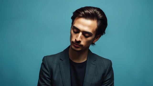 Young male adult portrait with closed eyes wearing blazer looking upward thoughtful calm expression