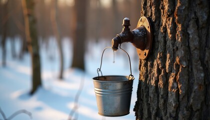 Obraz premium Maple tree collection in winter forest. Tap attached to tree trunk. Metal bucket catches dripping sweet liquid. Sun shines through trees on snowy ground.