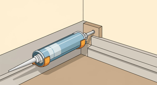 Vector illustration of a caulking cartridge applying sealant to the joint between a baseboard and an interior wall corner, showing home maintenance and renovation processes.