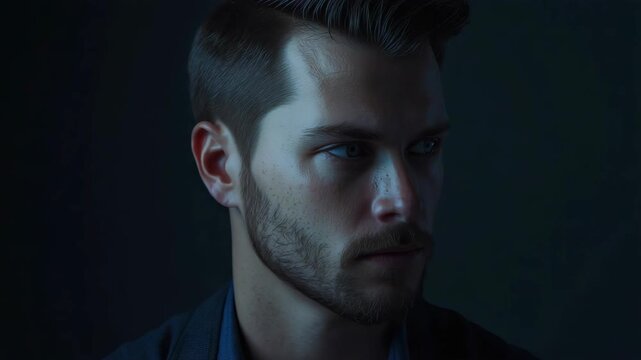 Young man portrait moody low key lighting handsome blue eyed man portrait dramatic intense eyes