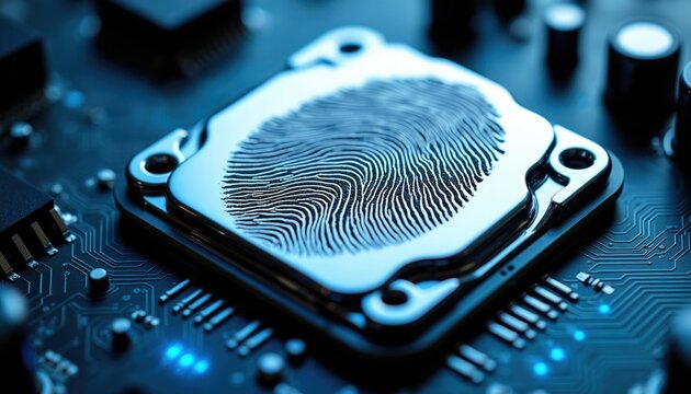 Fingerprint scan on computer chip. Biometric sensor technology for data security. Secure access with unique identity recognition. Digital login verification system.