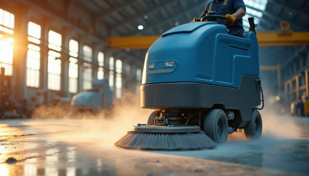 Industrial floor cleaning machine operates in factory. Worker drives scrubber to wash concrete surfaces, creating dust, steam. Warehouse maintenance ensures clean environment. Machine polishes floor.