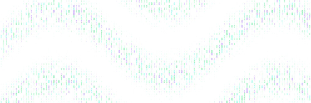 Abstract Digital Data Wave Background with Binary Code Pattern and Flowing Vertical Lines in Teal and Purple