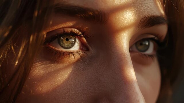Green hazel eye close up lit by warm golden sunlight casting shadow with detailed eyelash texture