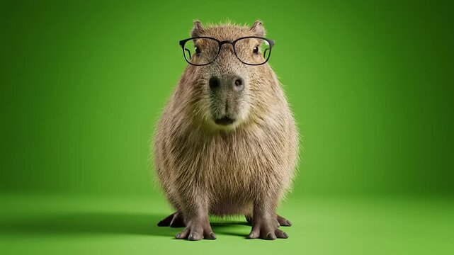 A close-up studio portrait of a capybara wearing glasses on a vibrant green background