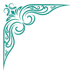 Fototapeta premium Teal corner flourish graphic, with stylized swirls and leaves, on a white background