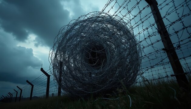 Massive coil of razor wire sits by barbed wire fence under stormy dark sky. Metal fence posts march across grassy field. Dangerous security barrier threatens freedom and safety.