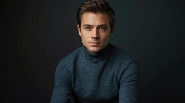 Young man portrait in blue turtleneck sweater looking at camera with calm thoughtful expression