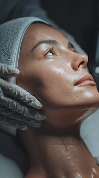 Close-up of a woman receiving a luxurious facial treatment with glowing skin and eyes closed showcasing skincare beauty therapy and professional wellness in a spa setting