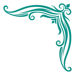 Fototapeta premium Teal corner design with stylized floral elements and curved lines on a white background