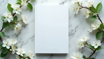 Fototapeta premium White blank book sits on marble surface with spring blossom branches. Ideal for cover design template invitations cards or Spring marketing content.