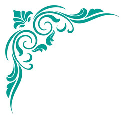 Fototapeta premium Teal corner flourish graphic on a white background, featuring swirls and floral elements