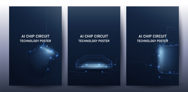 AI Microchip Circuitry and Glowing Data Stream Technology Poster Backgrounds