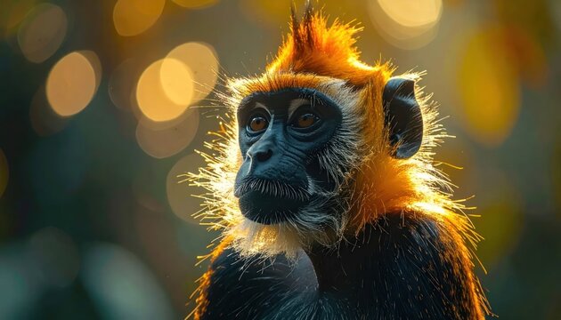 Golden Langur Monkey Portrait in Golden Hour Light.