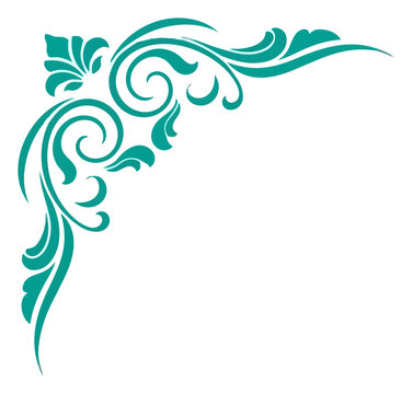 Teal corner flourish graphic on a white background, featuring swirls and floral elements