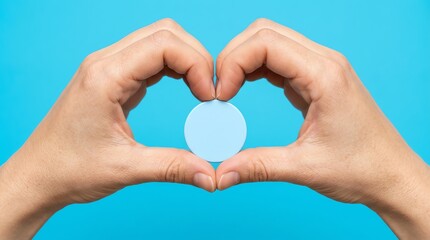 Fototapeta premium Human hands creating a heart shape around a light blue circular token, symbolizing protection, care, love, and support against a vibrant blue backdrop