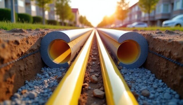 Two insulated pipes lie in trench on ground. Yellow pipes covered with grey insulation sit in earth beside gravel. Residential street visible distant background sunset.
