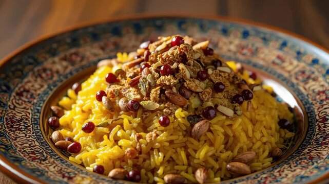 Saffron rice pilaf topped with barberry, almond and pistachio nuts, warm aromatic festive bowl