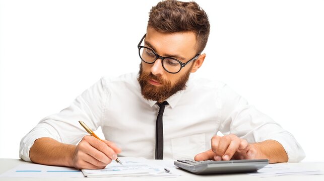Accountant calculating finances with pencil and calculator
