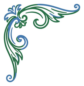 Ornamental corner design with scrolling leaves and floral elements in blue and green