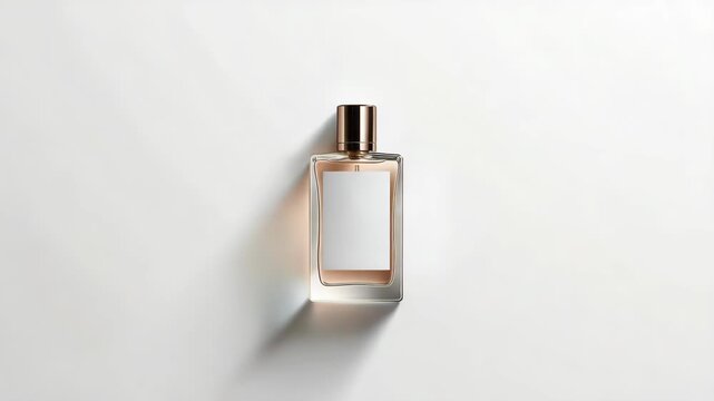Elegant glass perfume bottle with gold cap casting soft shadow white background, minimal luxury
