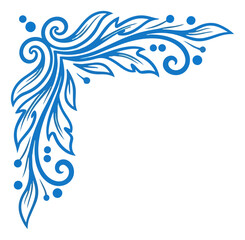 Fototapeta premium An ornate blue corner design featuring floral and swirling elements on a white background