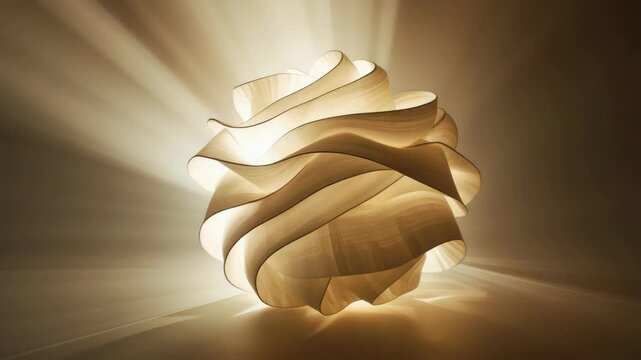 Glowing sculptural lamp with flowing fabric layers casting warm rays soft abstract paper lamp