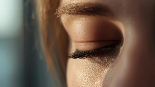 Closed eye with long eyelash and soft natural light closeup brown eyelid skin texture with