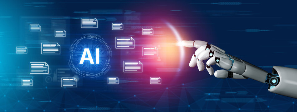 AI document automation concept with floating files and knowledge cards. Document NLP processing, search, document summarization, LLM document management for DMS enterprise workflows. Corpus
