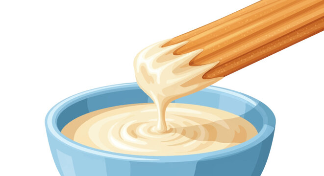 Close-up vector illustration of a sugar-coated fried dough churro being dipped into a blue ceramic bowl filled with creamy vanilla custard sauce against a white background.