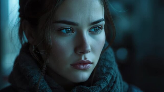 Young woman portrait close up with contemplative blue eyes and wool scarf moody winter teal light