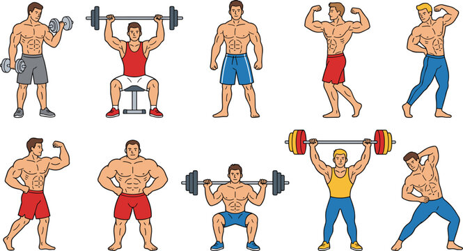 Bodybuilding and Fitness Icon Set with Weightlifting, Dumbbell, Squat, Push-Ups, Bicep Curl, Muscle Building, and Strongman Illustrations for Gym, Strength Training, and Digital Designs