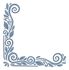 Fototapeta premium A stylized blue-grey floral border with leaves and swirls on a white background
